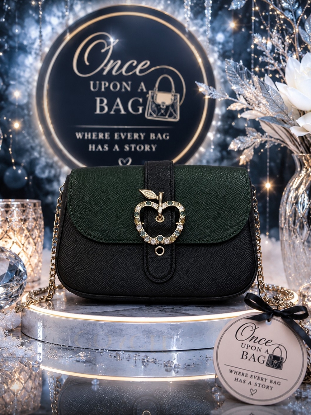 Coach Black and Dark Green Crossbody with Crystal Apple Charm